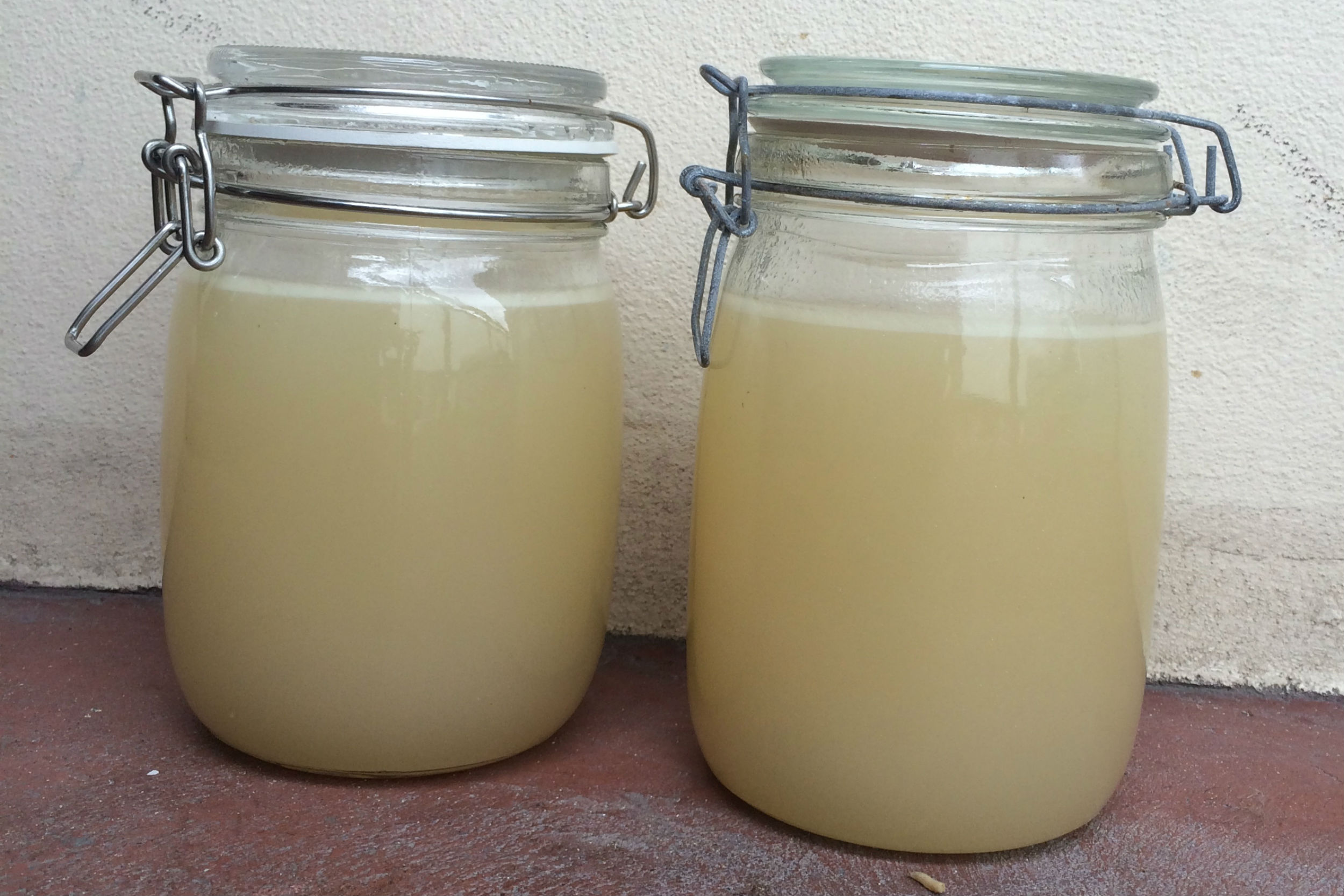 two mason jars filled with chicken stock